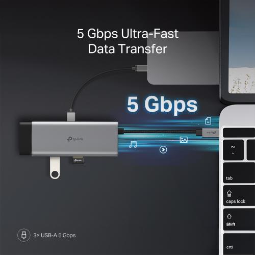 En ucuz TP-LINK UH7021C TYPE-C 7 Port Portatif Hub 1×USB-C, 1×HDMI 4K 60Hz, 1×USB-C PD 100W, 1×SD 200MB/s, 3 × USB-A 5Gbps